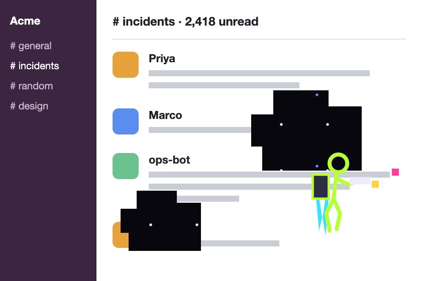 A work chat with pixel holes blasted through the messages