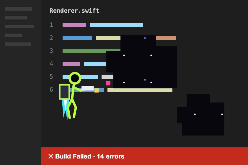 A code editor with a failed build and holes in the code